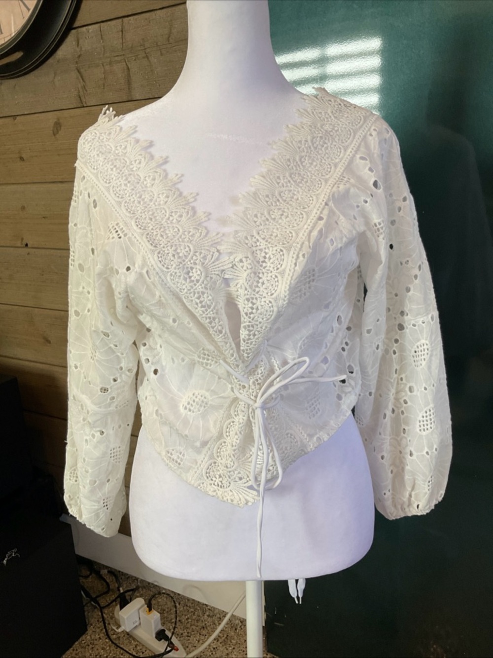 Women's White Eyelet Lace Wrap Blouse with Tie Front